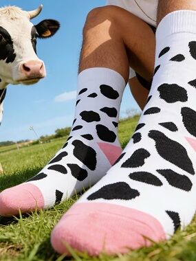 Unisex Cow Print Socks Pink Heel Toe Mid-calf 🧦🐄